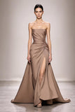 Champagne Strapless Ruched Satin Long Evening Dress with Slit