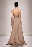 Champagne Strapless Ruched Satin Long Evening Dress with Slit