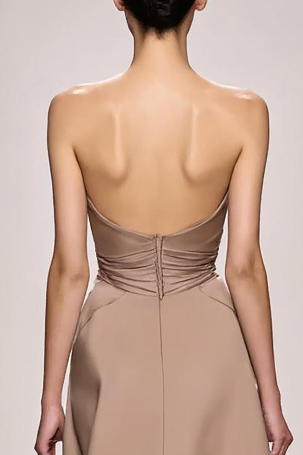 Champagne Strapless Ruched Satin Long Evening Dress with Slit