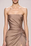 Champagne Strapless Ruched Satin Long Evening Dress with Slit