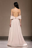Ivory Satin A-Line Cold Shoulder Long Evening Dress with Slit