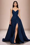 Dark Blue Spaghetti Straps Satin A-Line Ruched Evening Dress with Slit