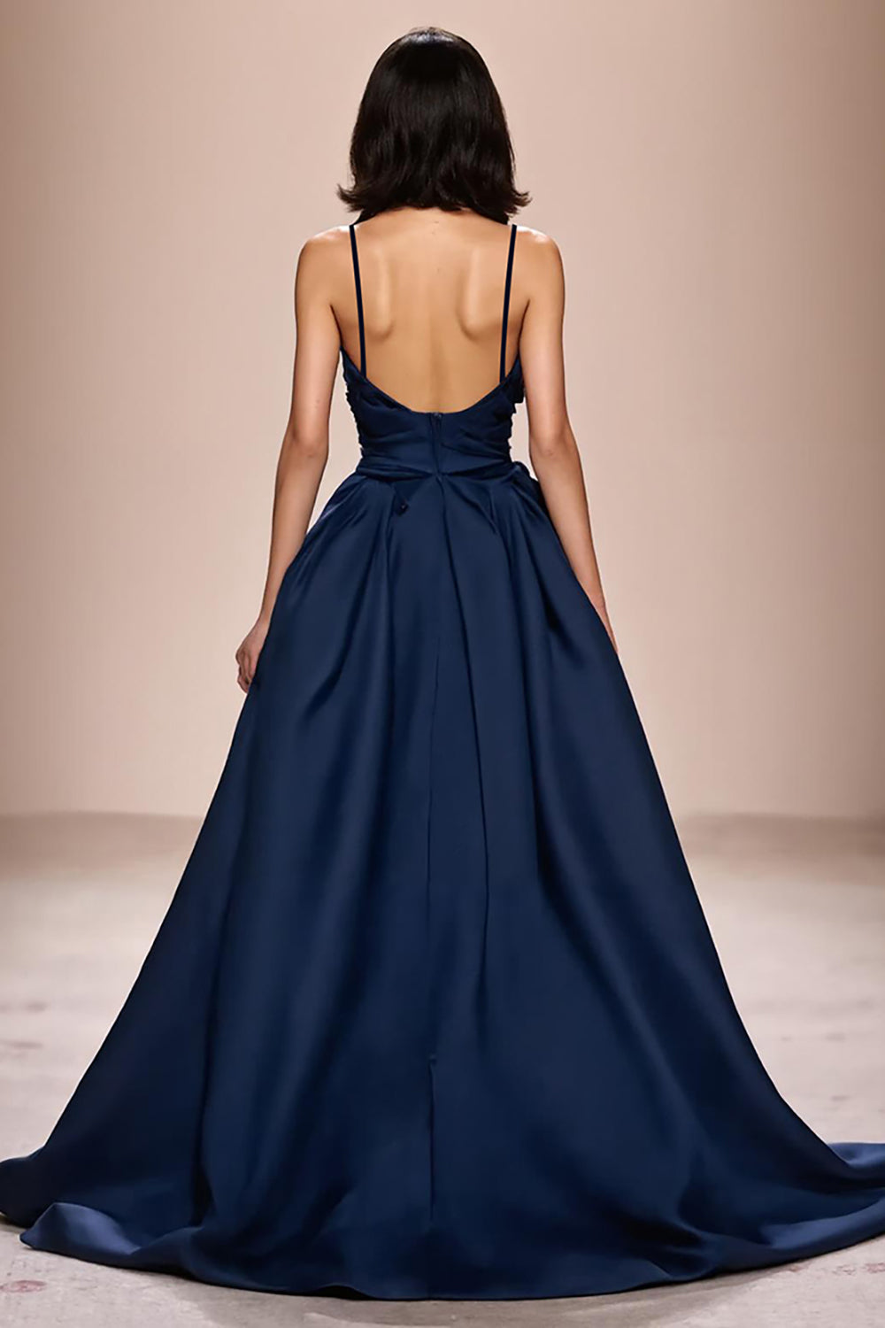 Dark Blue Spaghetti Straps Satin A-Line Ruched Evening Dress with Slit