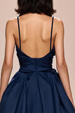 Dark Blue Spaghetti Straps Satin A-Line Ruched Evening Dress with Slit