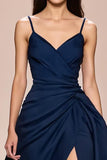 Dark Blue Spaghetti Straps Satin A-Line Ruched Evening Dress with Slit