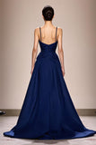 Dark Blue Spaghetti Straps Satin A-Line Evening Dress