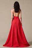 Red Satin A-Line Spaghetti Straps Long Evening Dress with Slit