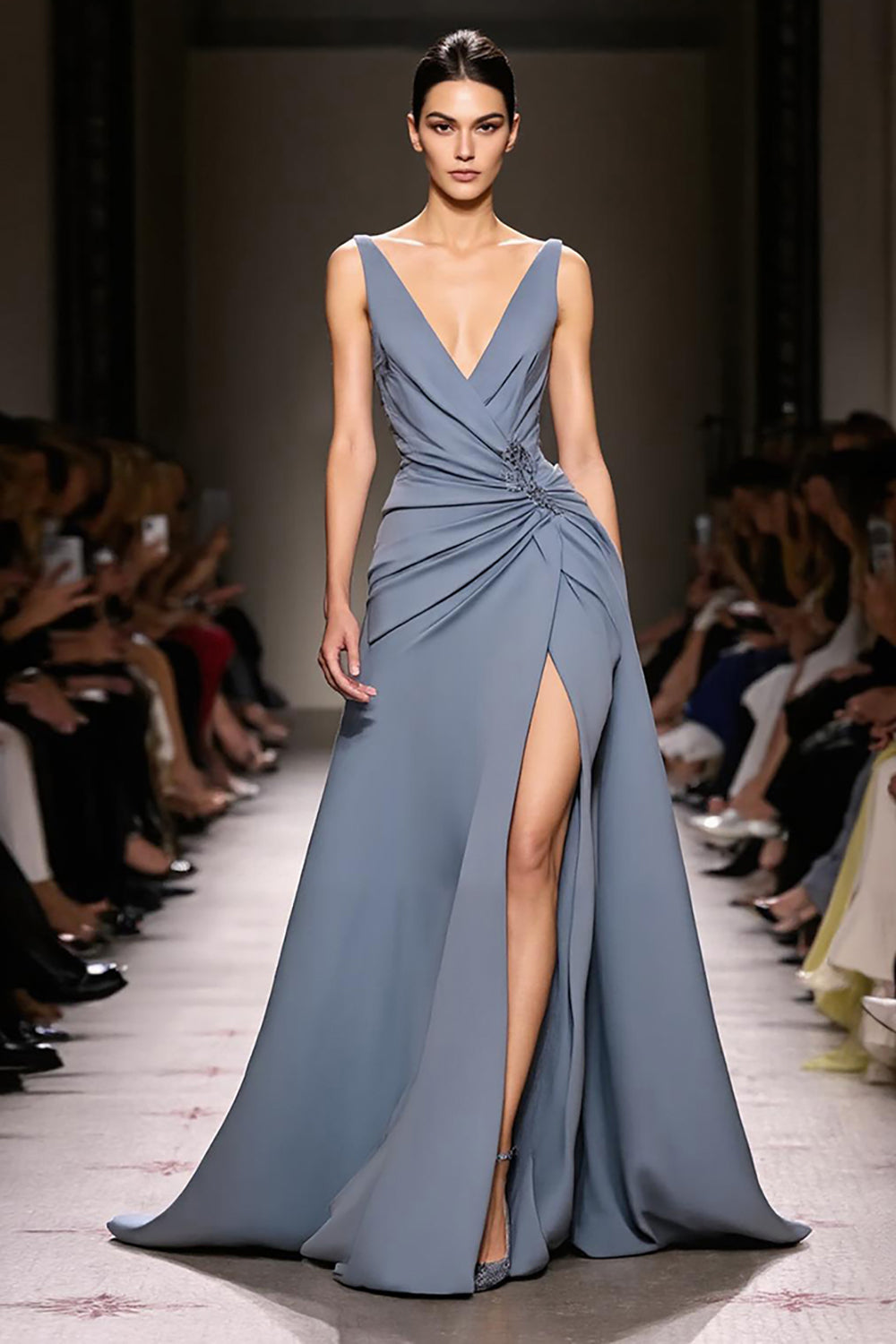 Grey Blue Satin A-Line Ruched V-Neck Long Evening Dress with Slit