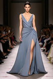 Grey Blue Satin A-Line Ruched V-Neck Long Evening Dress with Slit
