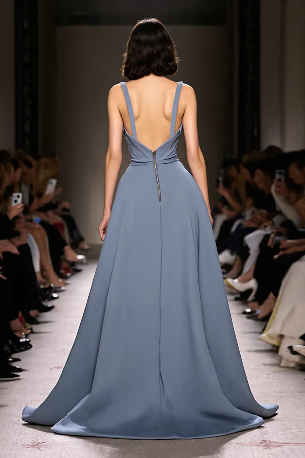 Grey Blue Satin A-Line Ruched V-Neck Long Evening Dress with Slit