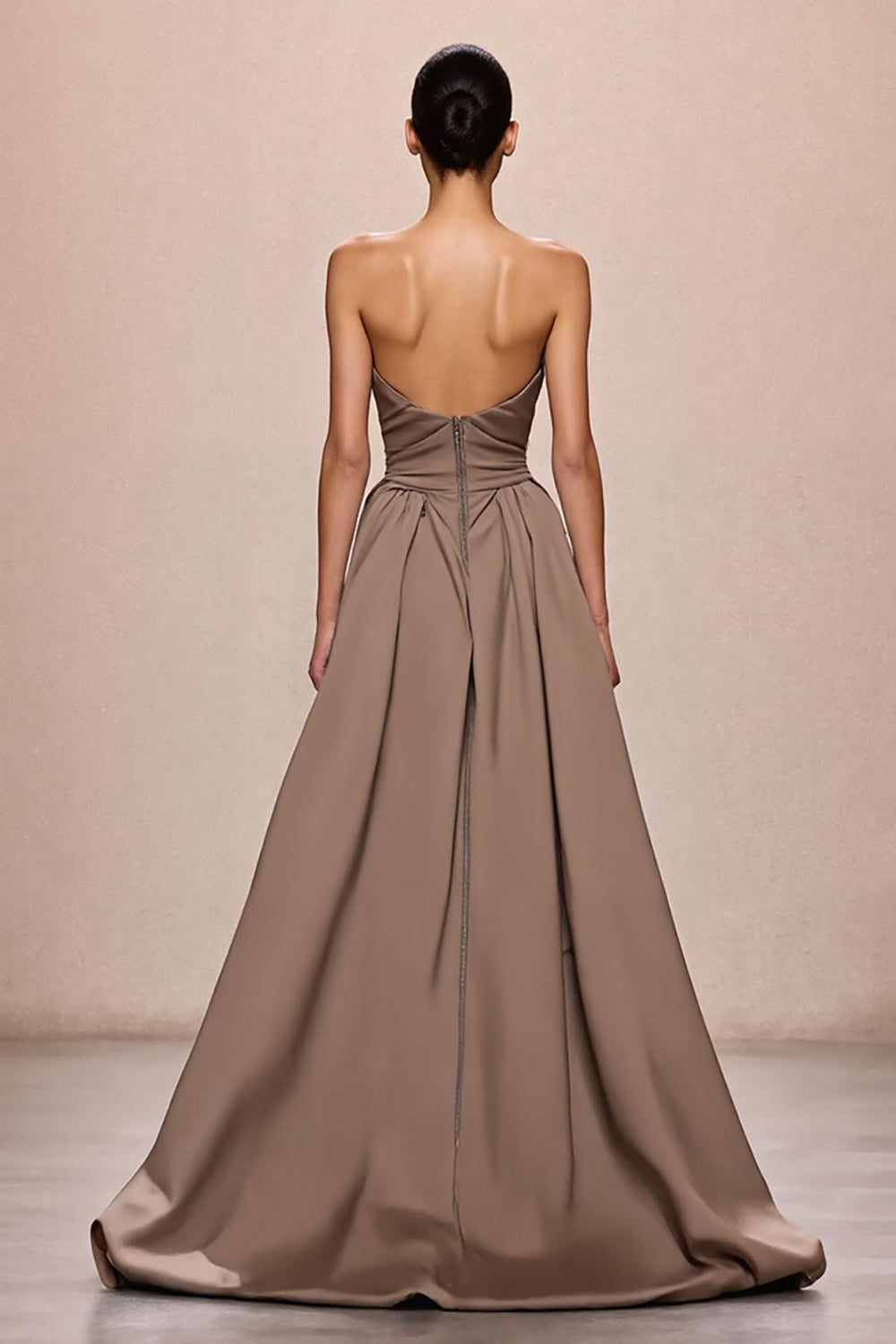 Coffee Satin A-Line Ruched Strapless Long Evening Dress