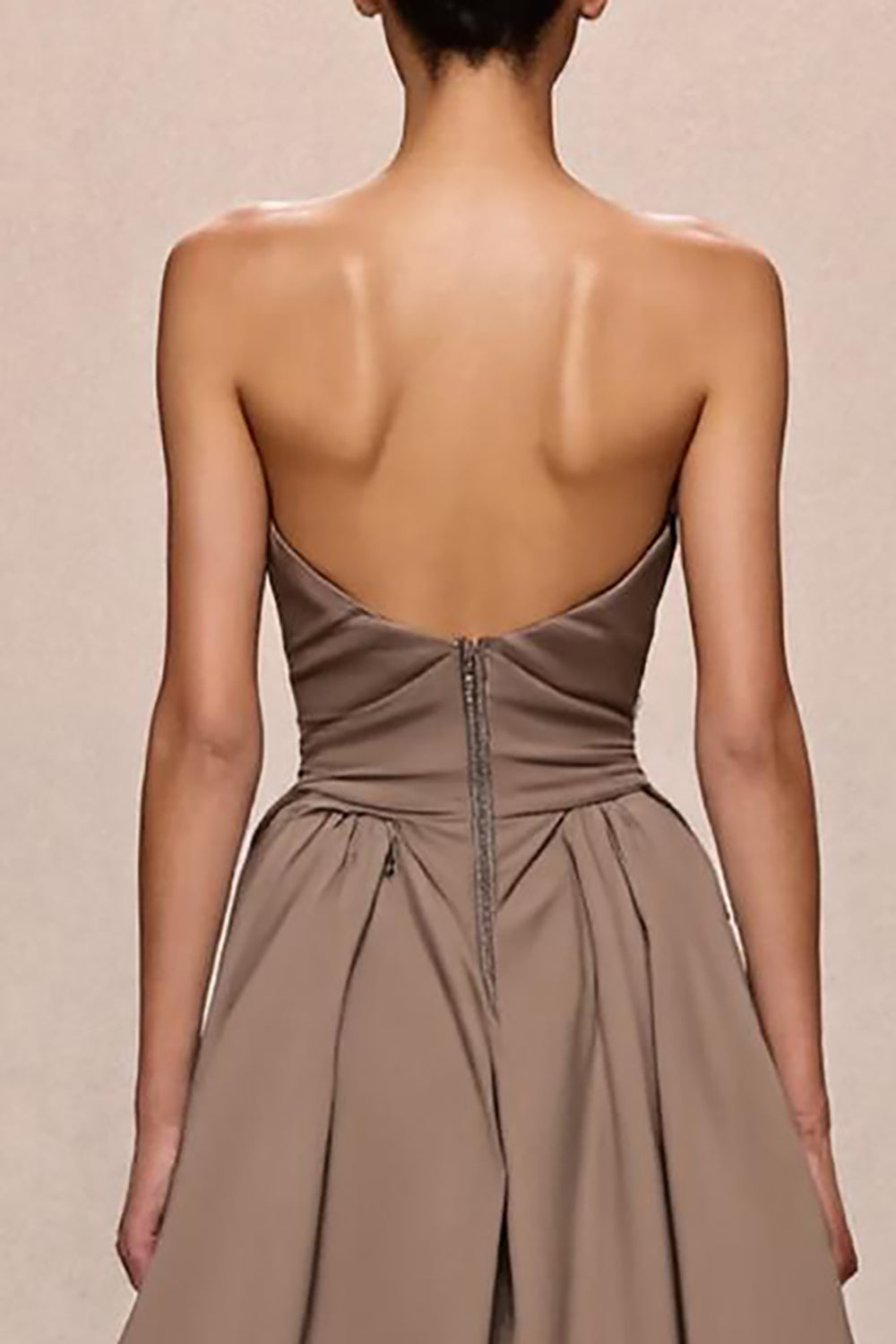 Coffee Satin A-Line Ruched Strapless Long Evening Dress