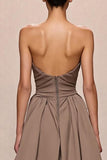 Coffee Satin A-Line Ruched Strapless Long Evening Dress