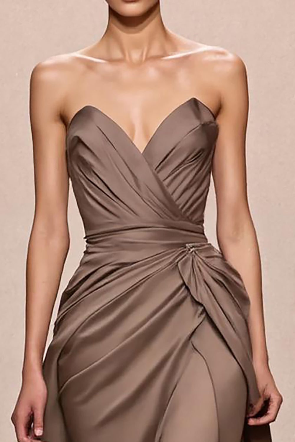 Coffee Satin A-Line Ruched Strapless Long Evening Dress