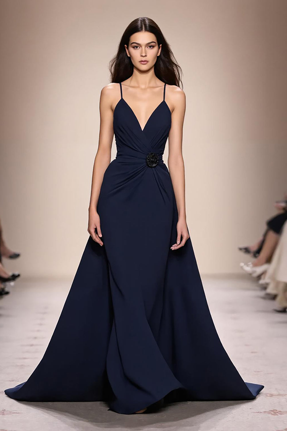 Dark Blue A-Line Ruched Spaghetti Straps Long Evening Dress