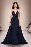Dark Blue A-Line Ruched Spaghetti Straps Long Evening Dress