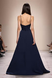 Dark Blue A-Line Ruched Spaghetti Straps Long Evening Dress