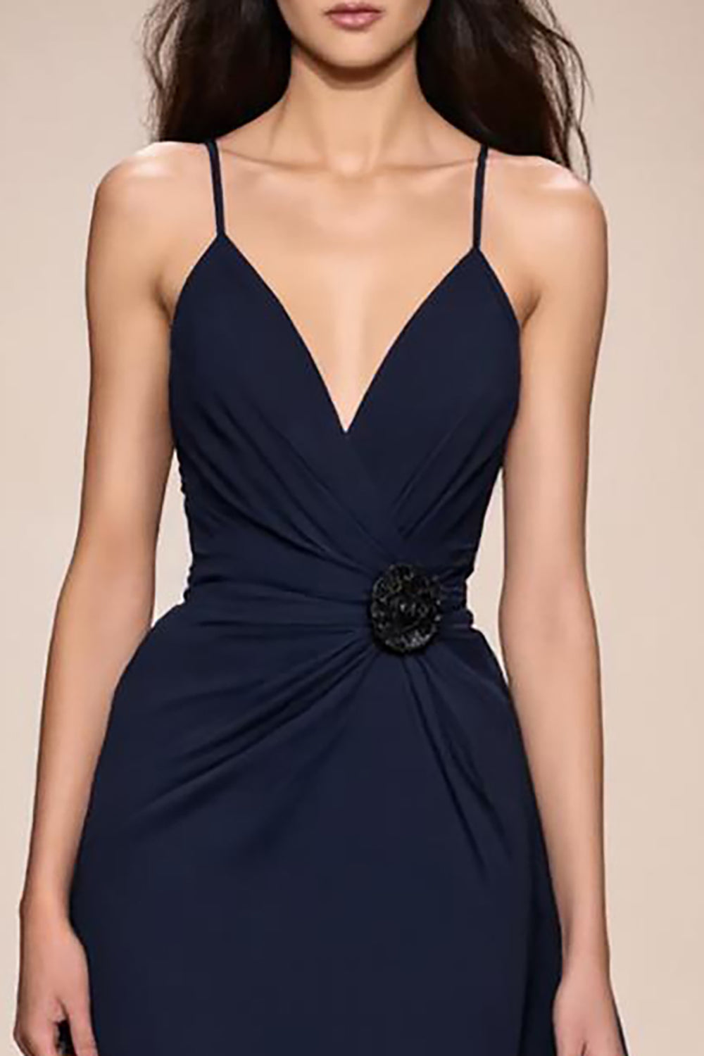 Dark Blue A-Line Ruched Spaghetti Straps Long Evening Dress