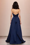 Dark Blue A-Line Satin Strapless Long Evening Dress