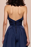 Dark Blue A-Line Satin Strapless Long Evening Dress