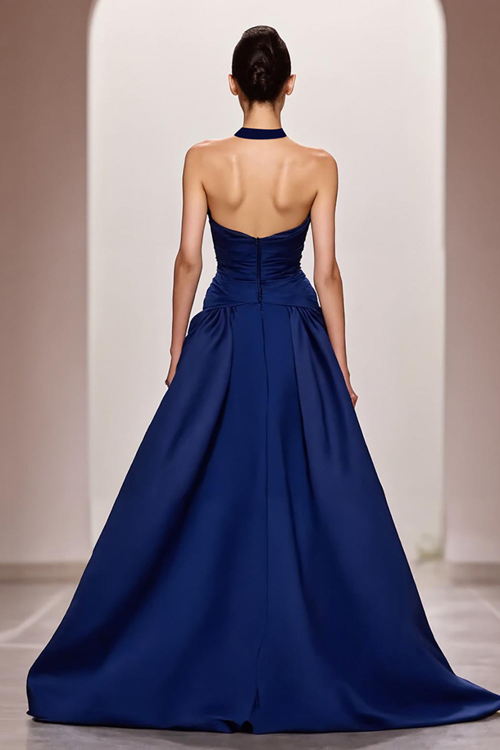 Dark Blue A-Line Satin Halter Ruched Long Evening Dress with Slit