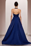 Dark Blue A-Line Satin Halter Ruched Long Evening Dress with Slit