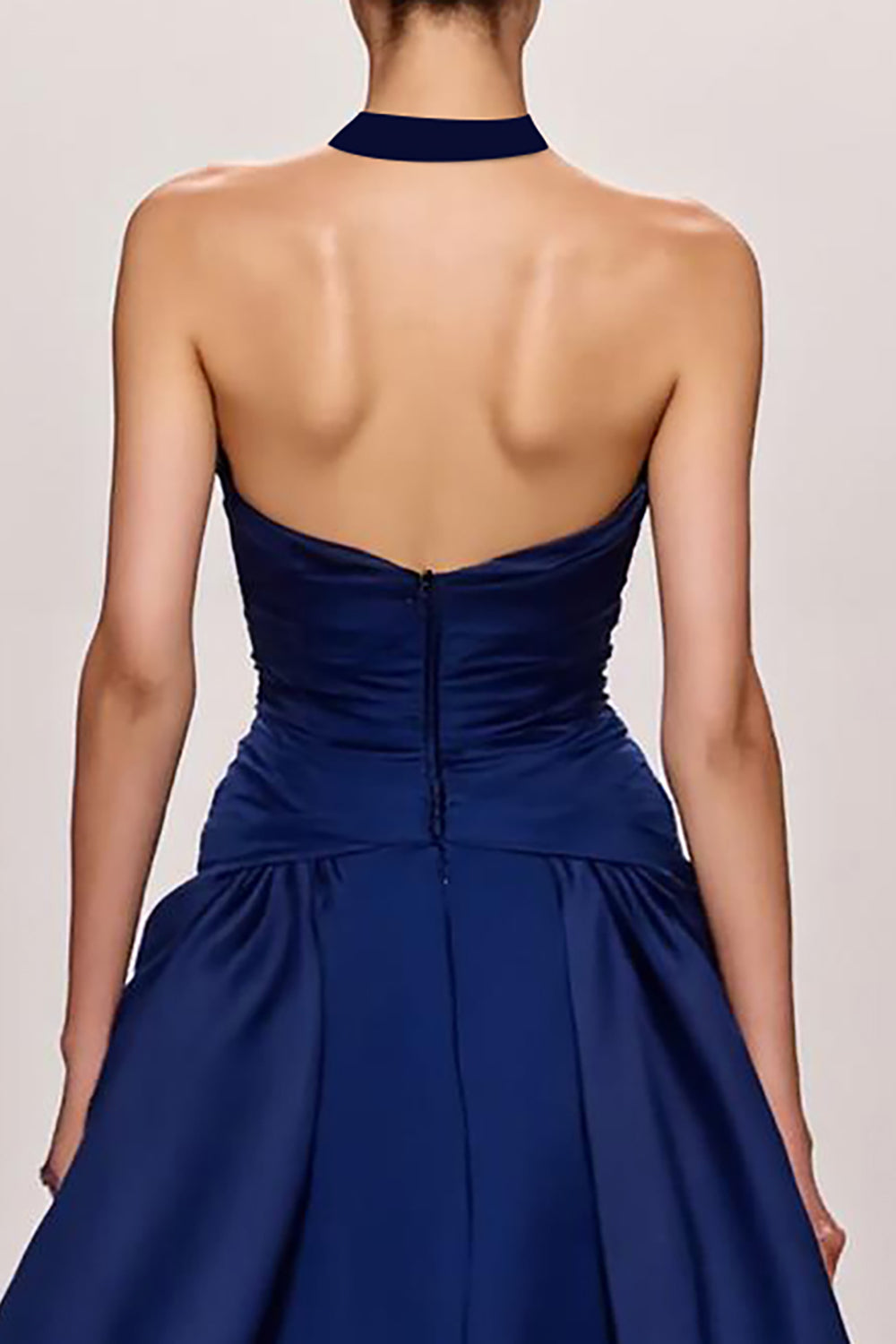 Dark Blue A-Line Satin Halter Ruched Long Evening Dress with Slit