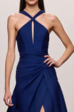 Dark Blue A-Line Satin Halter Ruched Long Evening Dress with Slit