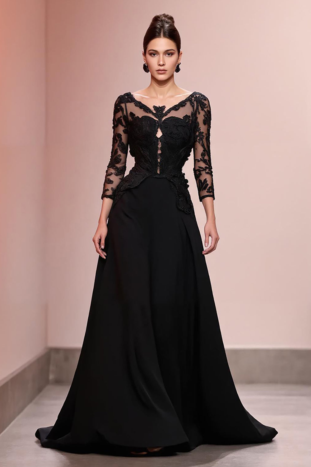 Black A-Line Appliqued Long Evening Dress with Lace