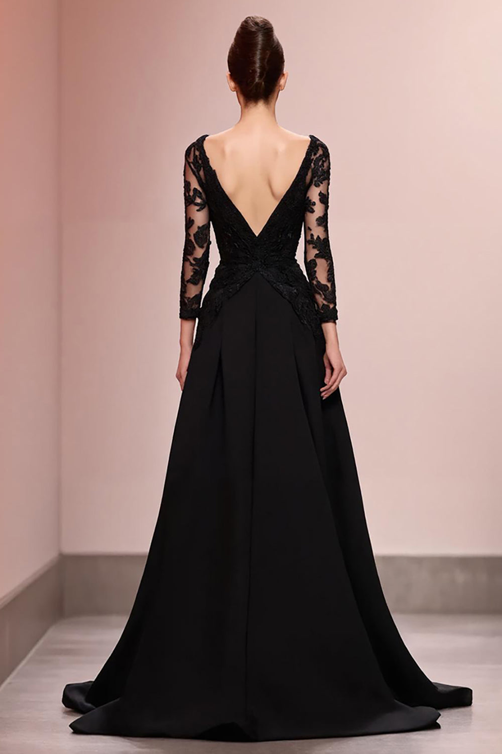 Black A-Line Appliqued Long Evening Dress with Lace