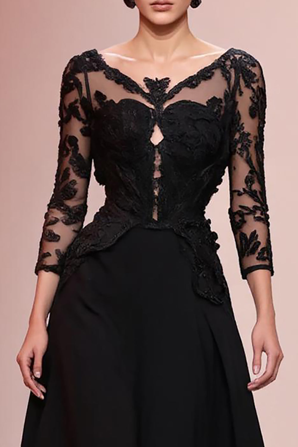 Black A-Line Appliqued Long Evening Dress with Lace