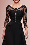 Black A-Line Appliqued Long Evening Dress with Lace