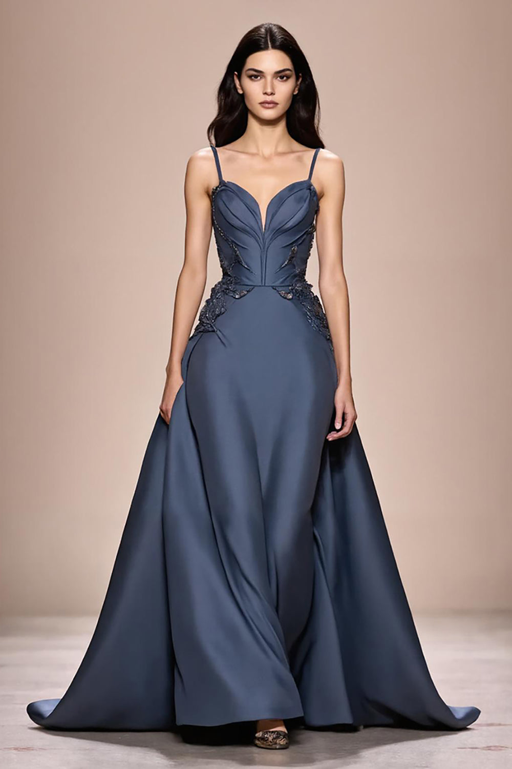 Grey Blue A-Line Satin Spaghetti Straps Long Evening Dress with Appliques