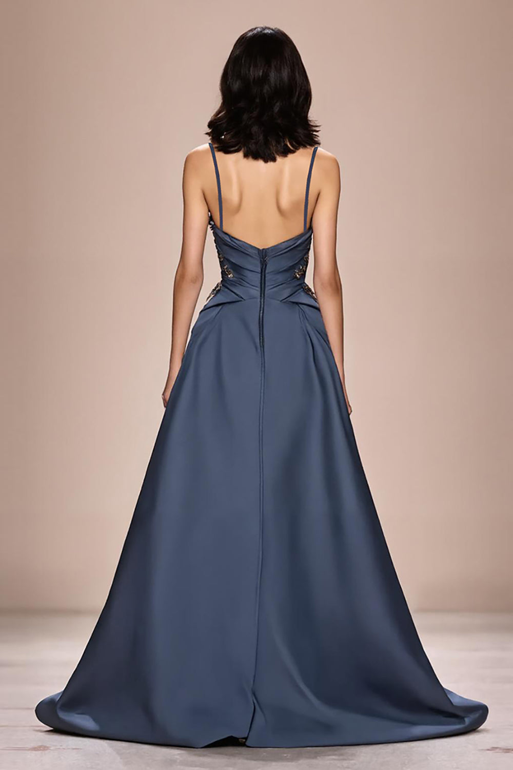 Grey Blue A-Line Satin Spaghetti Straps Long Evening Dress with Appliques