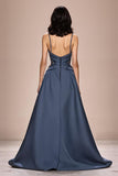 Grey Blue A-Line Satin Spaghetti Straps Long Evening Dress with Appliques