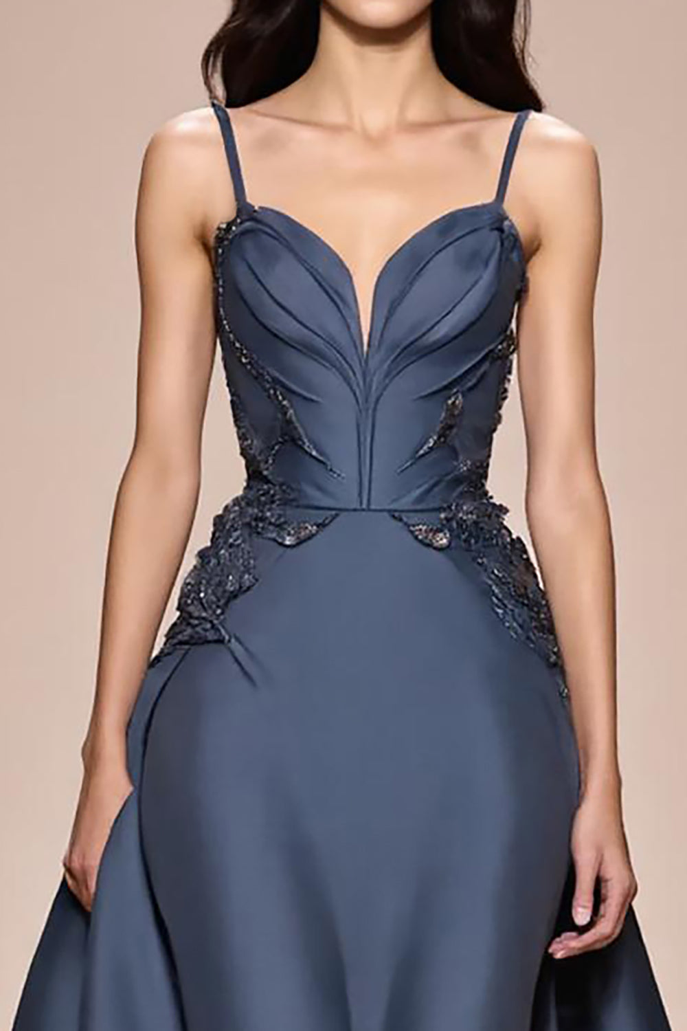 Grey Blue A-Line Satin Spaghetti Straps Long Evening Dress with Appliques