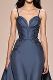 Grey Blue A-Line Satin Spaghetti Straps Long Evening Dress with Appliques