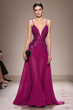 Plum A-Line Appliqued Spaghetti Straps Long Evening Dress