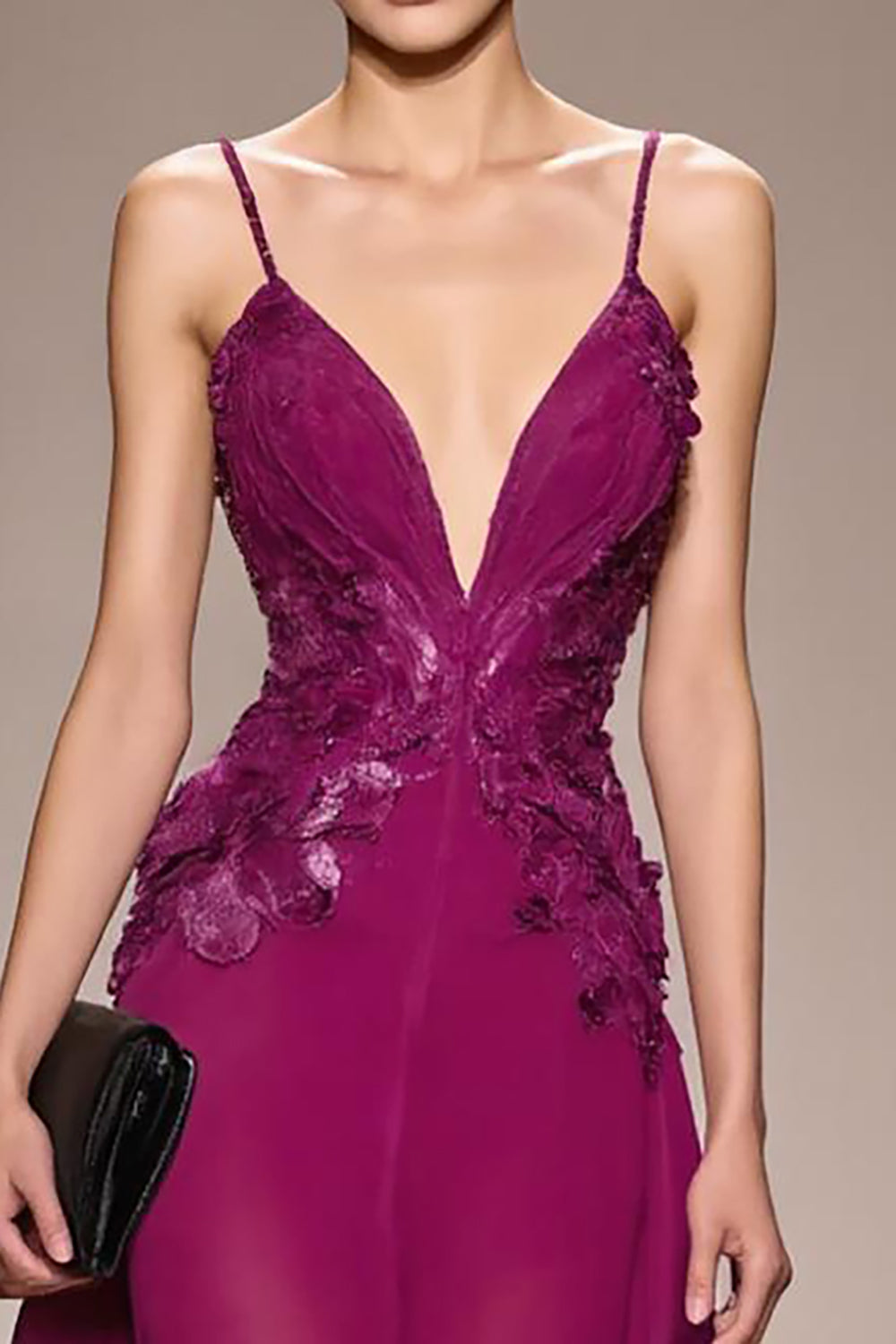 Plum A-Line Appliqued Spaghetti Straps Long Evening Dress