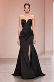 Black Mermaid Satin Strapless Long Evening Dress with Slit