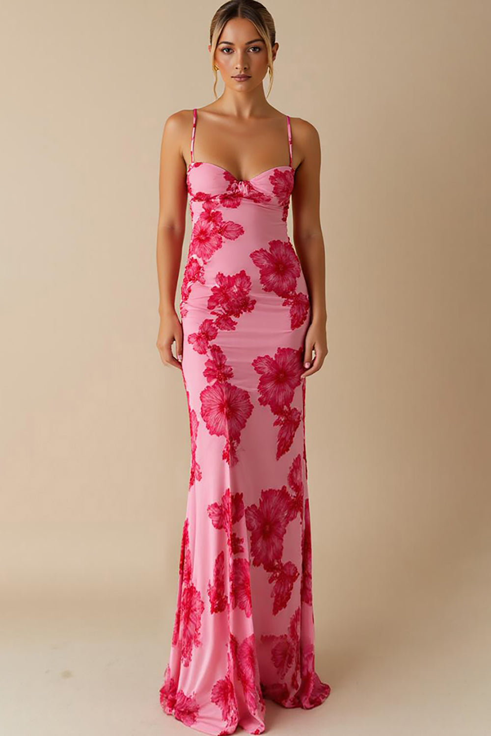 Chiffon Printed Light Pink Spaghetti Straps Sheath Long Evening Dress