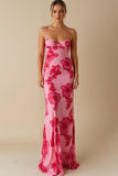 Chiffon Printed Light Pink Spaghetti Straps Sheath Long Evening Dress