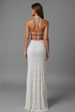 Halter Chiffon Sheath Ivory Long Evening Dress