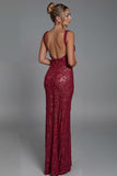 Dark Red Lace Square Neck Sheath Evening Dress