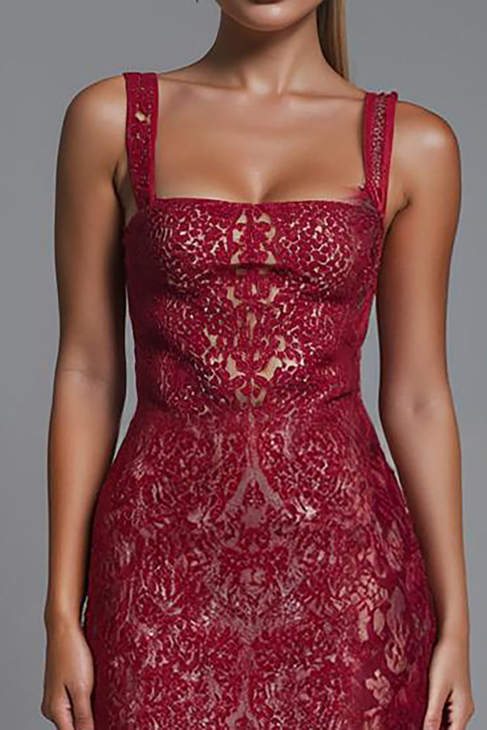Dark Red Lace Square Neck Sheath Evening Dress