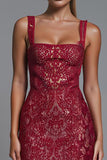 Dark Red Lace Square Neck Sheath Evening Dress