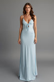 Sky Blue Spaghetti Straps Satin Sheath Evening Dress