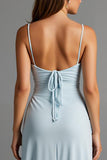Sky Blue Spaghetti Straps Satin Sheath Evening Dress