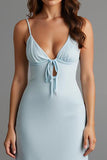 Sky Blue Spaghetti Straps Satin Sheath Evening Dress