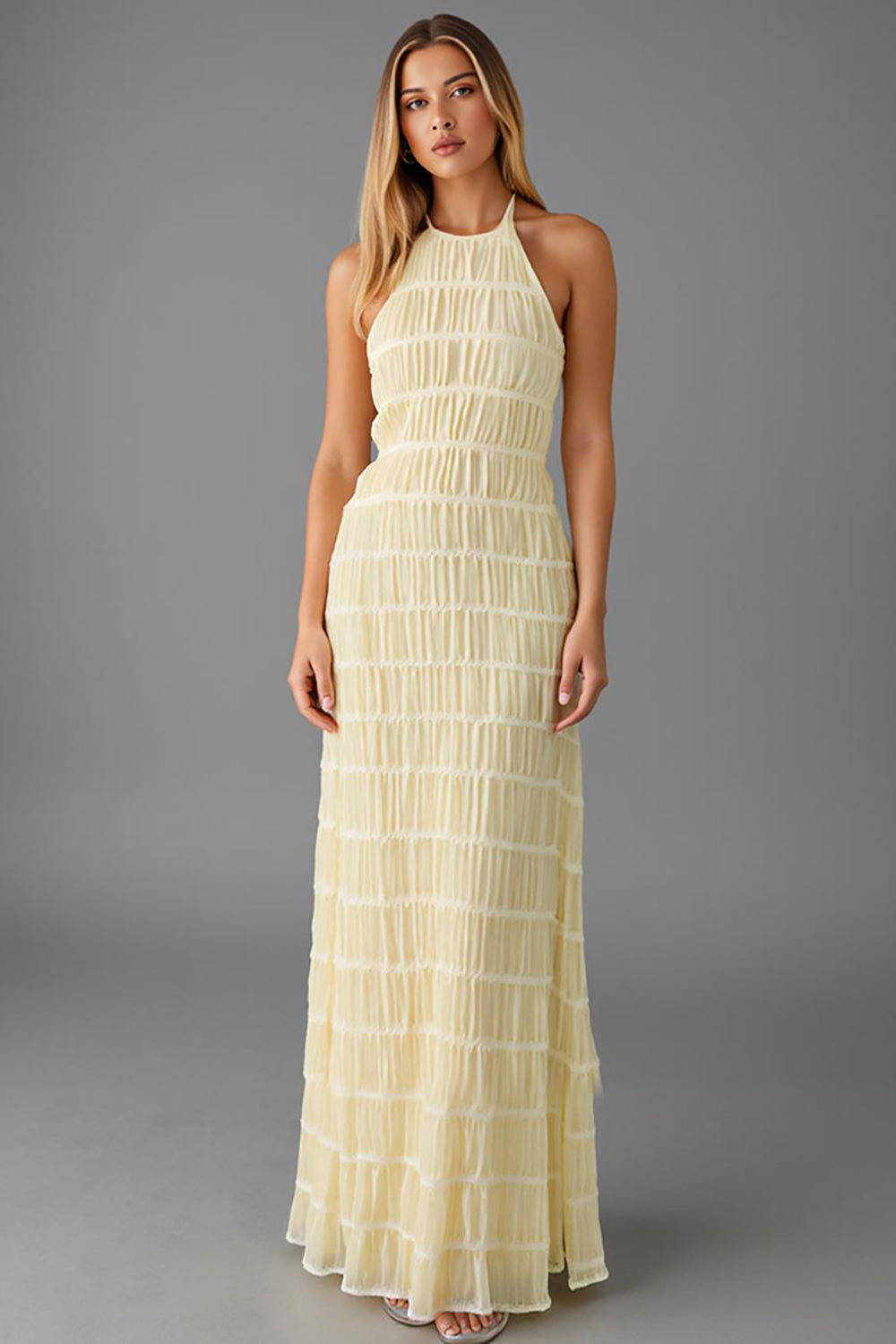 Daffodil Halter Sheath Pleated Chiffon Evening Dress